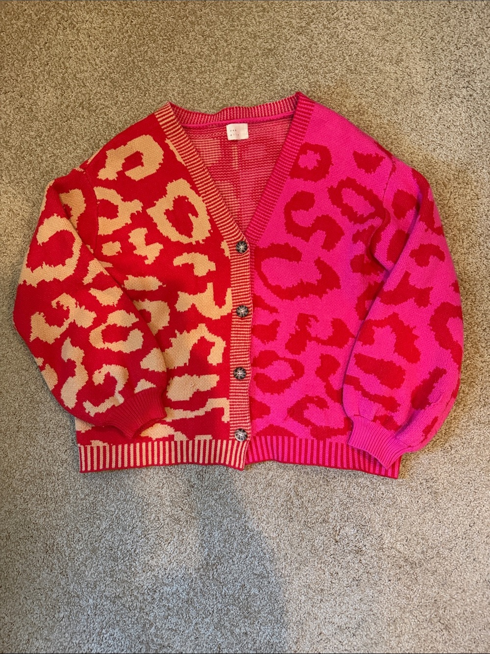 Colorblock Pink & Red Leopard Knit Cardigan Sweater